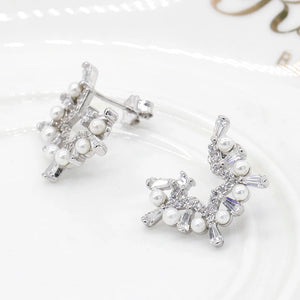 925 Silver Pearl Stud Earrings Half Star Zircon Women Gift