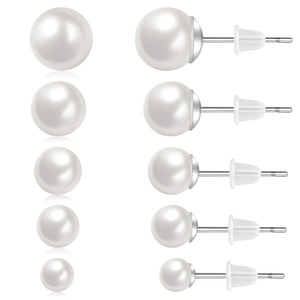 Pearl Stud Earrings 5 Pairs Set 316L Stainless Steel No Fade 4-8mm