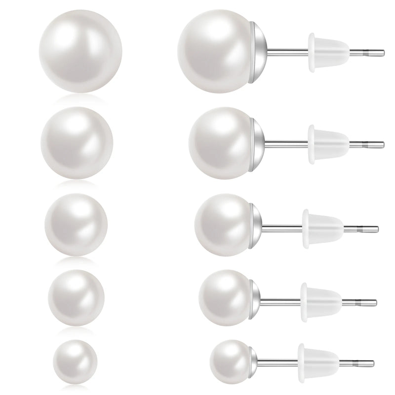 Pearl Stud Earrings 5 Pairs Set 316L Stainless Steel No Fade 4-8mm