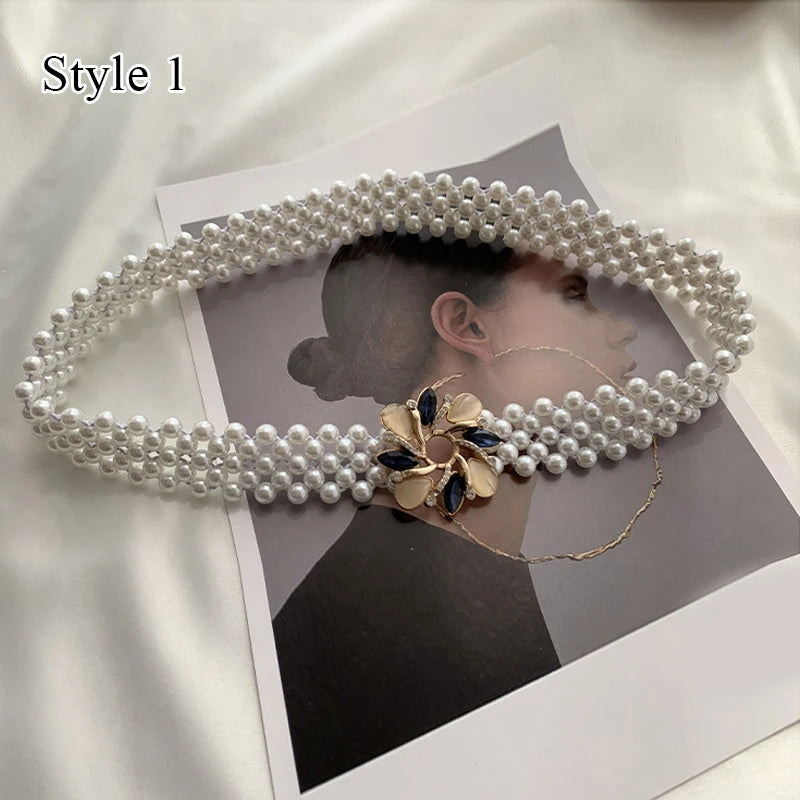 Pearl Waist Chain Belt Metal Diamond Buckle Beaded Elastic Waist Seal