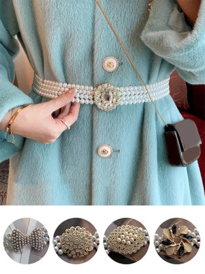 Pearl Waist Chain Belt Metal Diamond Buckle Beaded Elastic Waist Seal