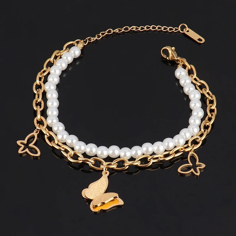 Stainless Steel Butterfly Heart Charm Bracelet for Women