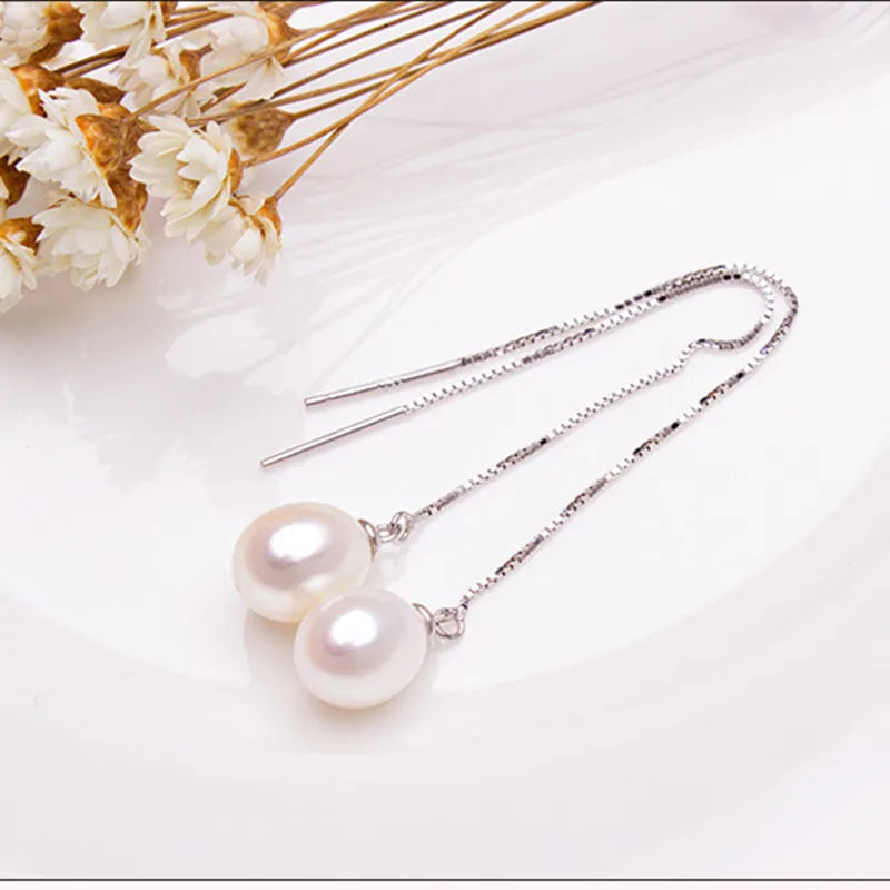 Freshwater Pearl Earrings 925 Sterling Silver Jewelry Long Dangle