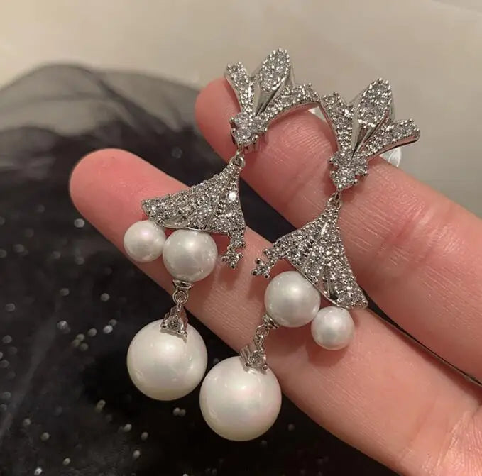 Pearl Tassel Gradient Flower Fan Earrings