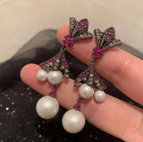 Pearl Tassel Gradient Flower Fan Earrings