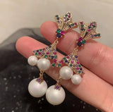 Pearl Tassel Gradient Flower Fan Earrings