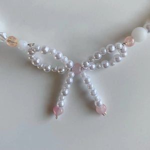 Y2K Bow Bead Choker Necklace Glass Beaded Pearls Adjustable