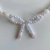 Y2K Bow Bead Choker Necklace Glass Beaded Pearls Adjustable
