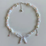 Y2K Bow Bead Choker Necklace Glass Beaded Pearls Adjustable