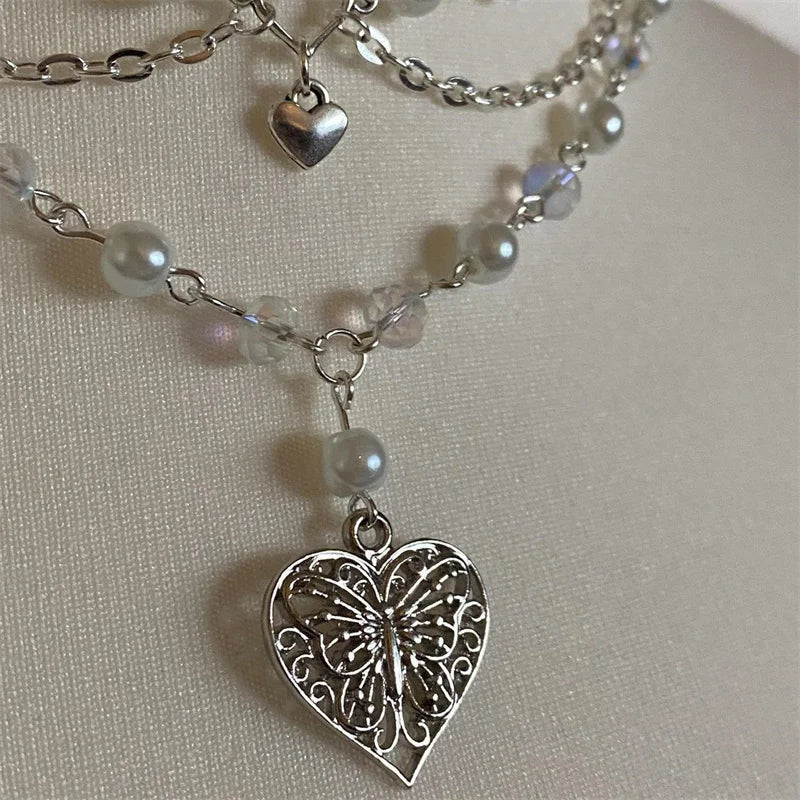 Pearls Butterfly Heart Fairycore Choker Necklace Y2K Pixie Fairycore