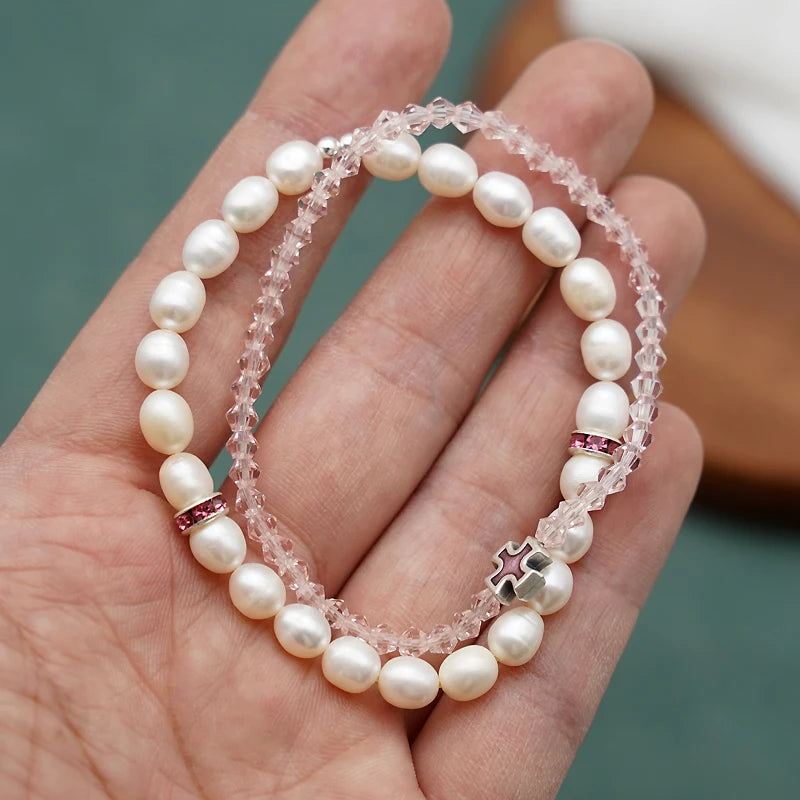 Pearls Pink Crystal Stretch Bracelet for Woman Jewelry Sets