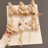 Pearls Tassel Hair Claws Women Bow Faux Fur Grips Sweet Long Hair