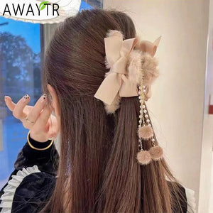 Pearls Tassel Hair Claws Women Bow Faux Fur Grips Sweet Long Hair