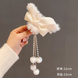 Pearls Tassel Hair Claws Women Bow Faux Fur Grips Sweet Long Hair