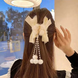 Pearls Tassel Hair Claws Women Bow Faux Fur Grips Sweet Long Hair