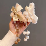 Pearls Tassel Hair Claws Women Bow Faux Fur Grips Sweet Long Hair