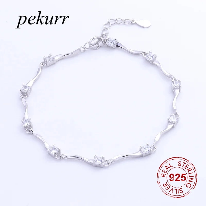 925 Silver Whirling Ribbon CZ Women Bracelet Chains Jewelry