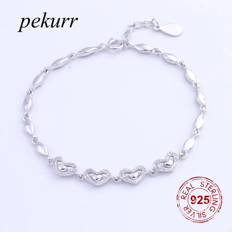 925 Silver CZ Heart In Heart Bracelet Oval Chain Wedding Gift