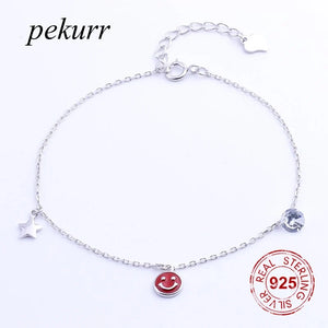 925 Silver Big CZ Gems & Star Women Bracelet Red Smile Bangle