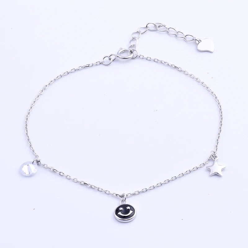 925 Silver Big CZ Gems & Star Women Bracelet Red Smile Bangle