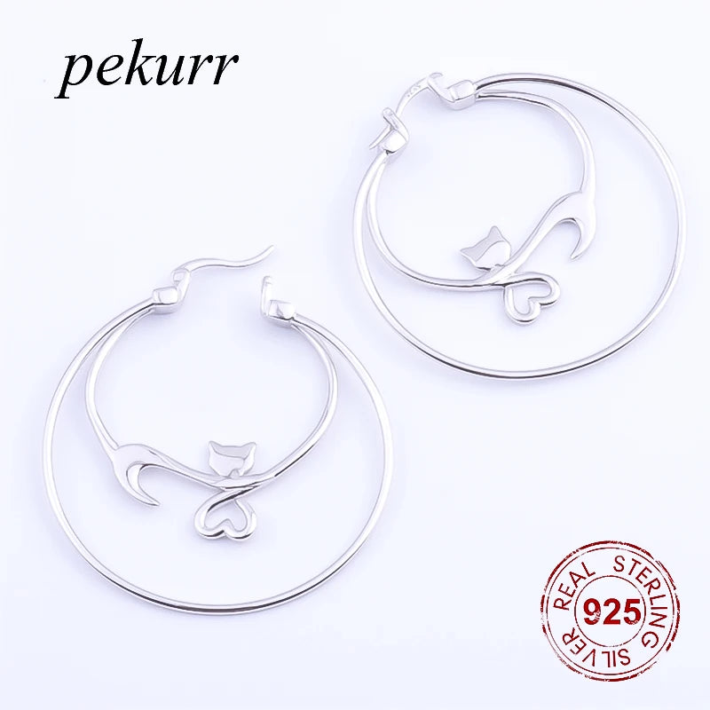 925 Silver Cat Hollow Heart Hoop Earrings Girl Jewelry