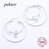 925 Silver Cat Hollow Heart Hoop Earrings Girl Jewelry