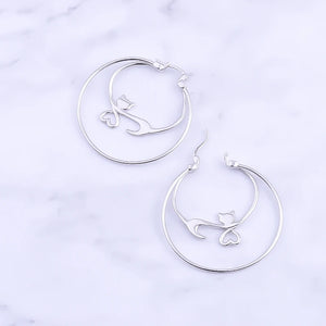925 Silver Cat Hollow Heart Hoop Earrings Girl Jewelry