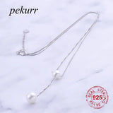 925 Silver 2 Round Pearl Necklace Box Chain Pendant