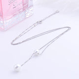 925 Silver 2 Round Pearl Necklace Box Chain Pendant