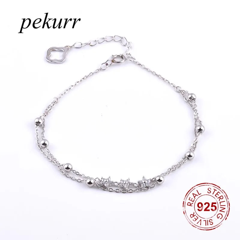 925 Silver 3 Zircon Star Wrist Bracelet Double Chain Bangle