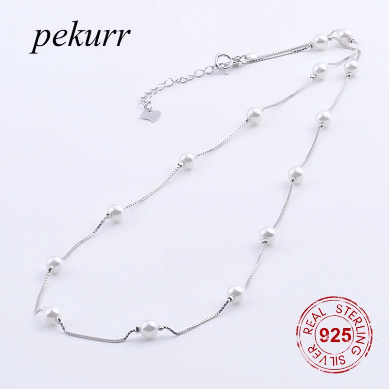 925 Sterling Silver Tiny Shell Pearl Necklaces Box Chain Pendants