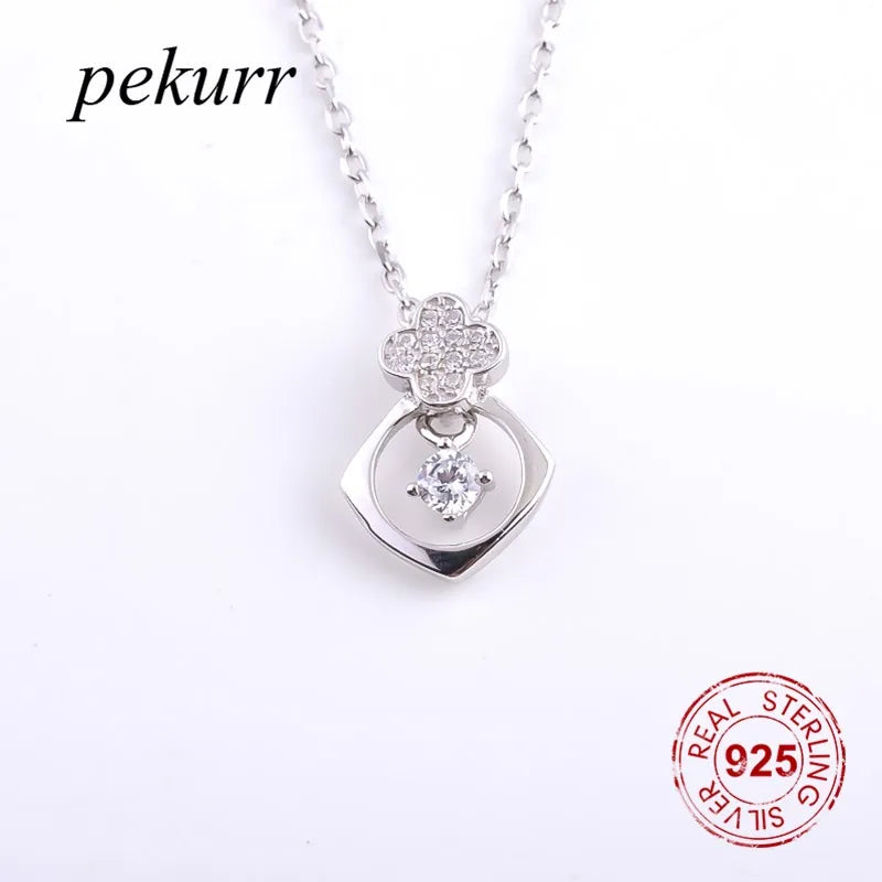 925 Silver 4 Leaf Clover Square Hoop Necklace Zircon Pendant Jewelry