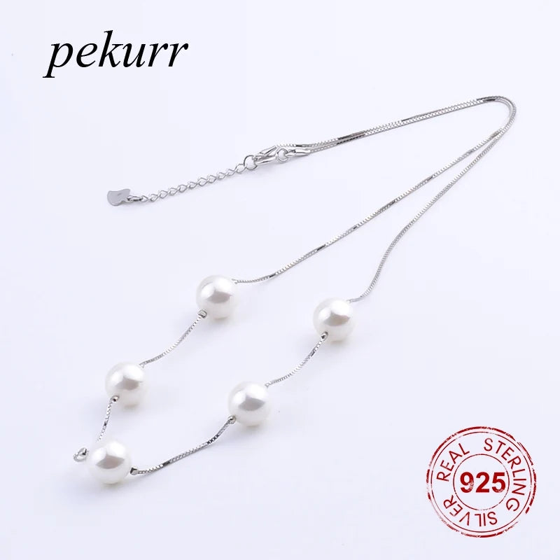 925 Silver 8.5mm Shell Pearl Necklace Long Box Chain Pendant