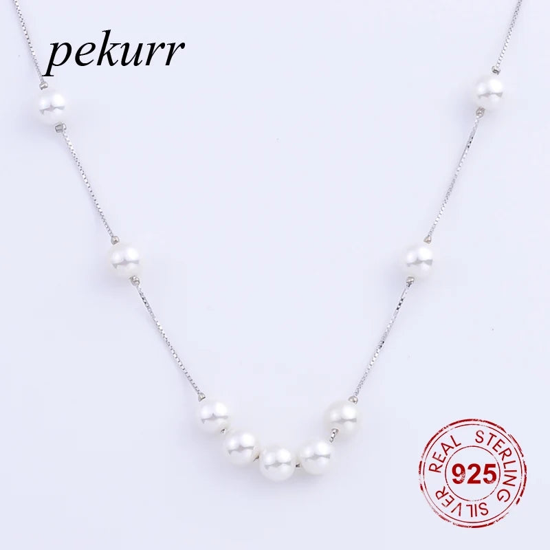 925 Silver 14mm Round Pearl Women Necklace Pendant Jewelry Gift