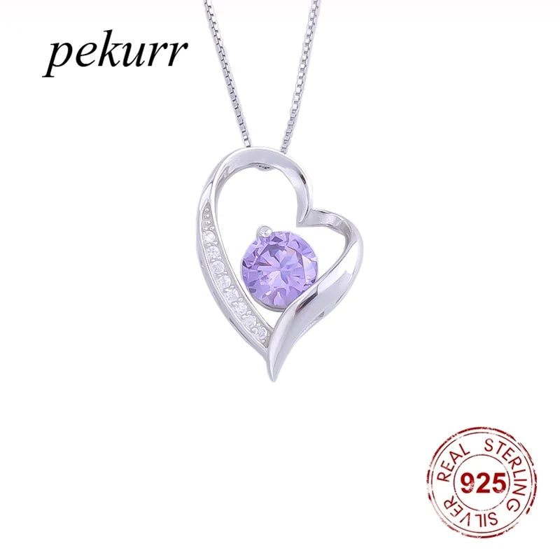 925 Silver Amethyst Heart Necklace Purple Crystal Pendant Wedding Jewelry