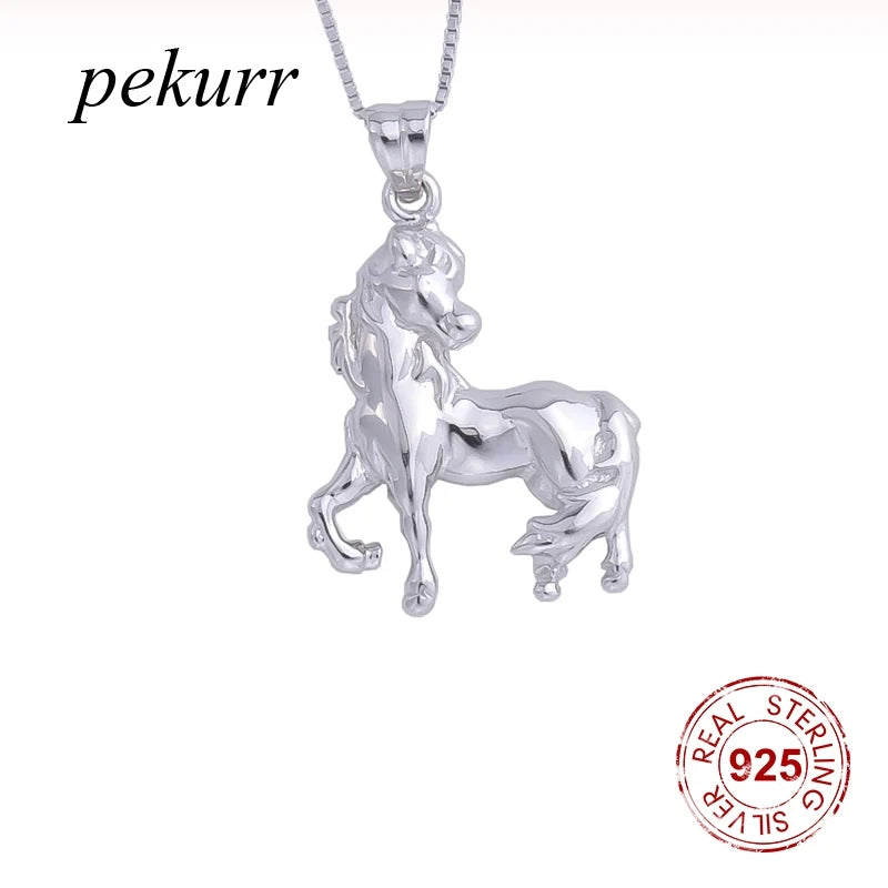 925 Silver Big Steed Horse Female Pendant Long Chain Animal Necklace