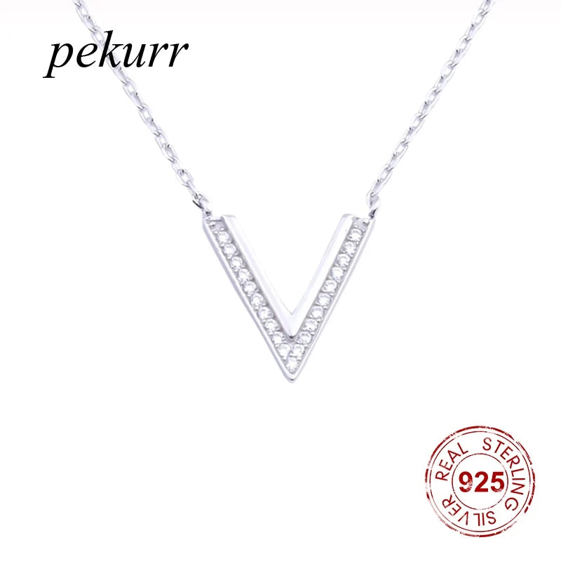 925 Silver Big V Letter Zircon Necklace for Women