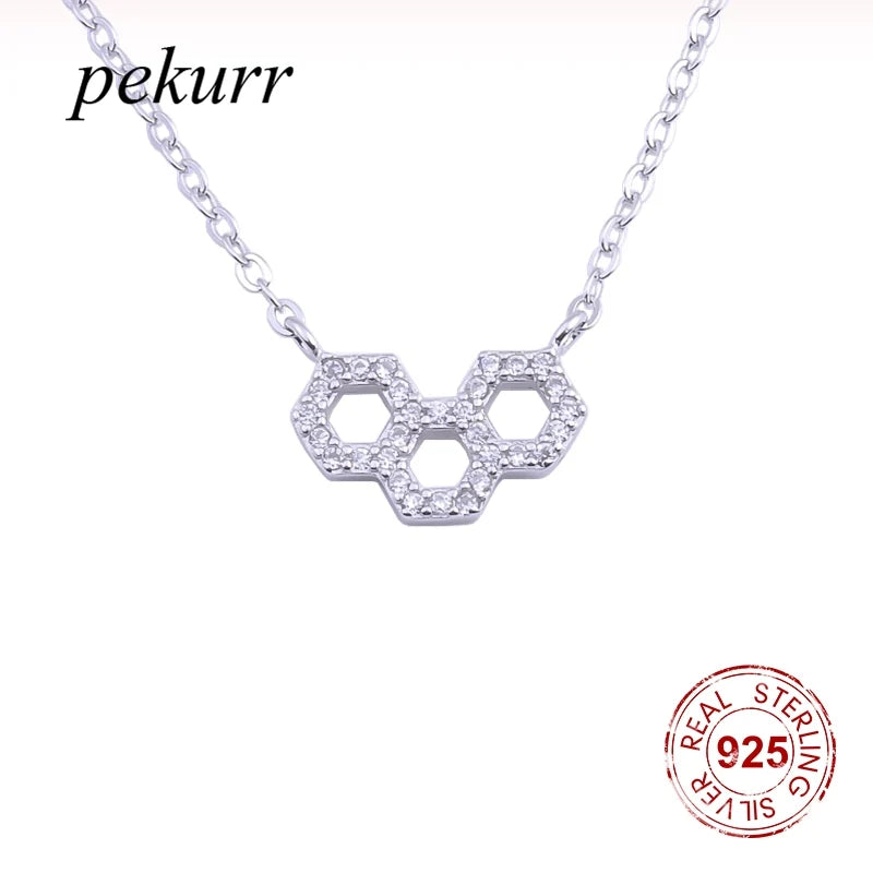 925 Silver CZ 3 Hexagon Necklaces Honeycomb Pendant Jewelry