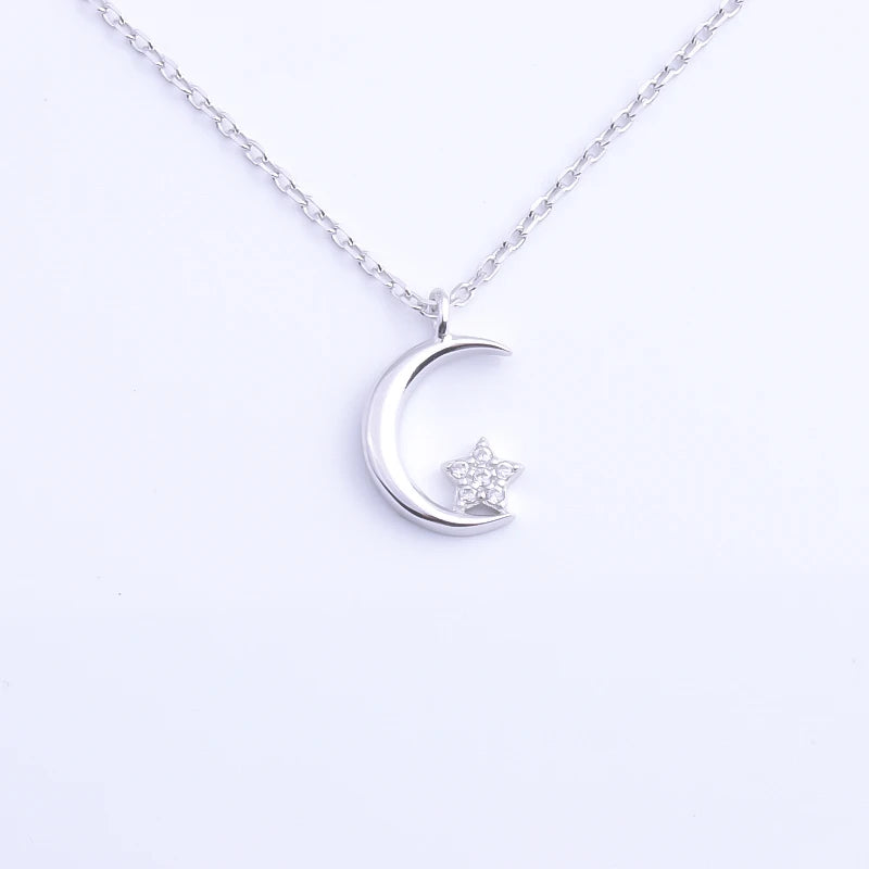 925 Silver Crescent Moon Necklace Zircon Star Choker Jewelry