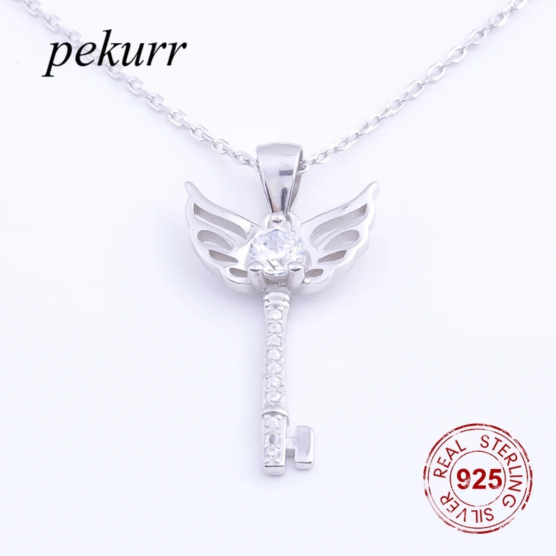 925 Silver CZ Heart Angel Key Necklace Women Choker