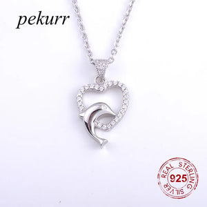 925 Silver Dolphin Crystal Heart Necklace Lover Heart Pendant