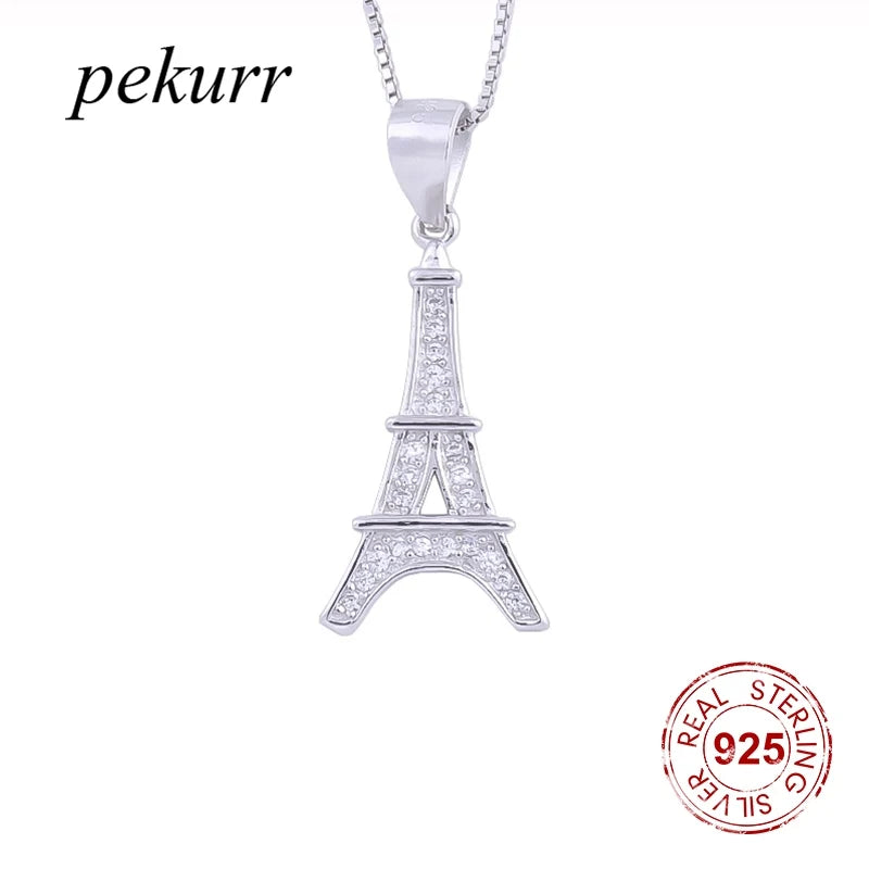 925 Silver Eiffel Tower Necklace Geometry Pendant Long Chain Jewelry Gift