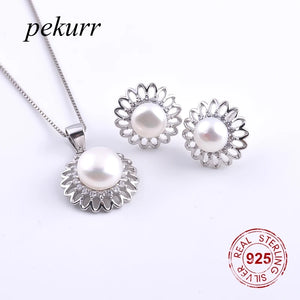 925 Silver Bohemian Flower Pearl Earrings Necklace Set