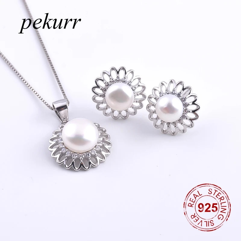 925 Silver Bohemian Flower Pearl Earrings Necklace Set