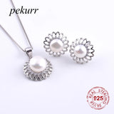 925 Silver Bohemian Flower Pearl Earrings Necklace Set