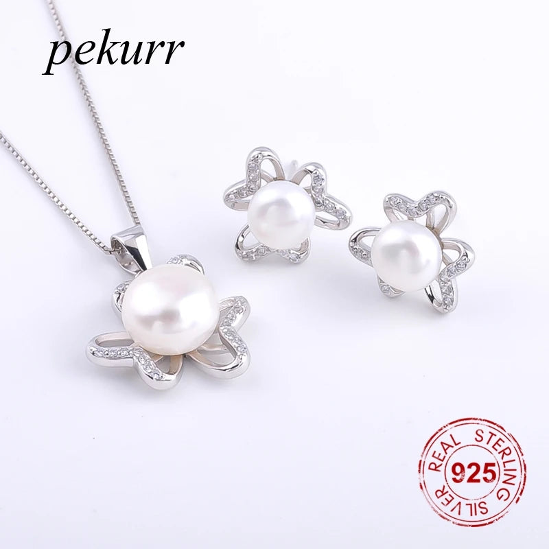 925 Silver Heart Clover Pearl Earrings Necklace Set Women Jewelry
