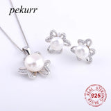 925 Silver Heart Clover Pearl Earrings Necklace Set Women Jewelry