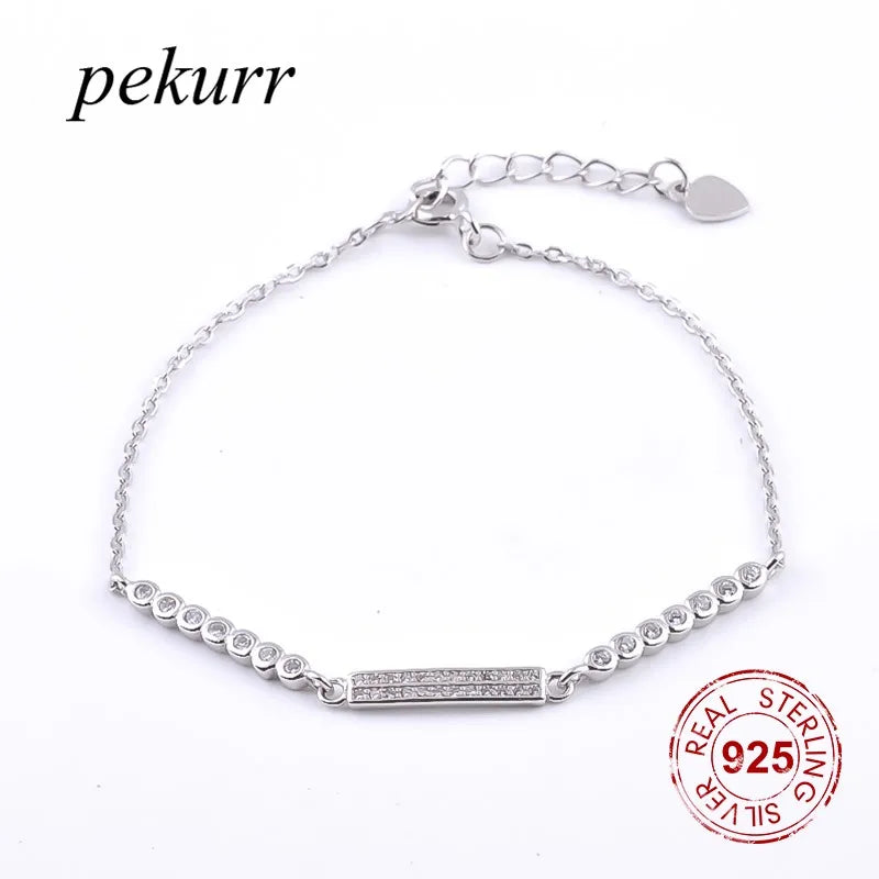 925 Silver Rectangle Strips Bracelet Zircon Beads Bangles