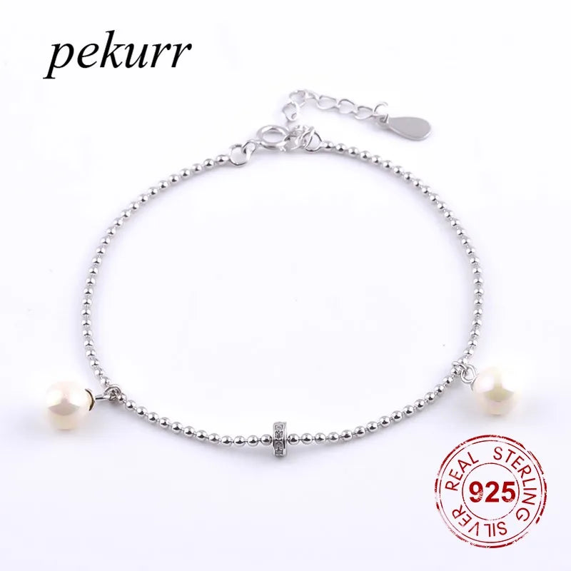 925 Silver Mini Round Wheel Pearl Wrist Bracelet Silver Beads Chains