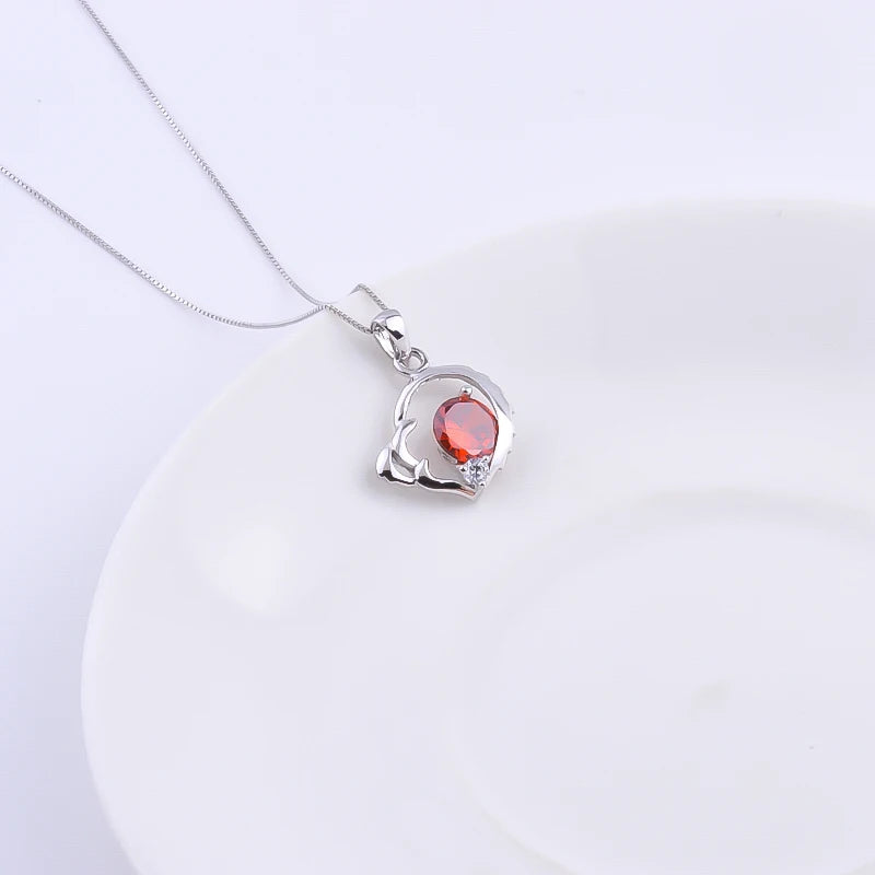 925 Silver Ruby Crystal Jagged Heart Necklace Zircon Pendant Wedding Jewelry